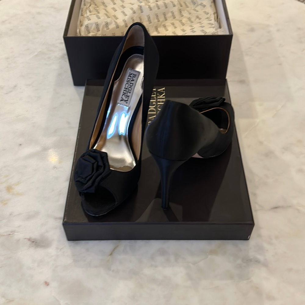 Black satin Badgley Mischka peep toe pumps